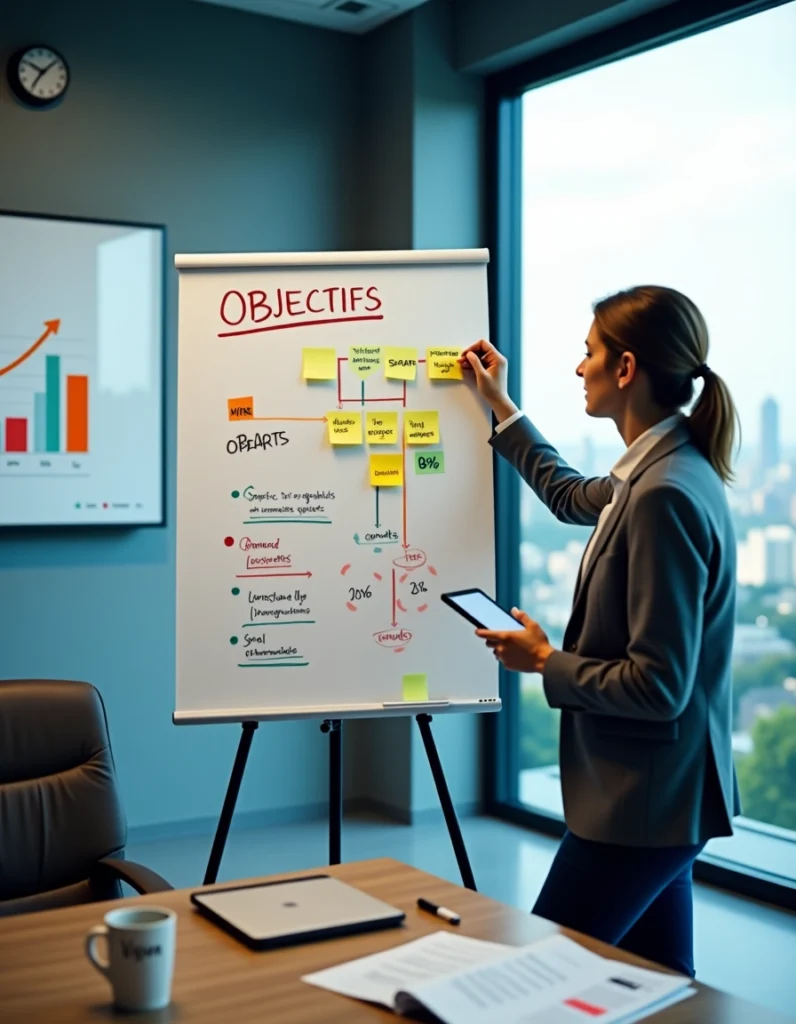 femme face à un white board où il est écrit "Objectif" femme face à un white board où il est écrit "Objectif"